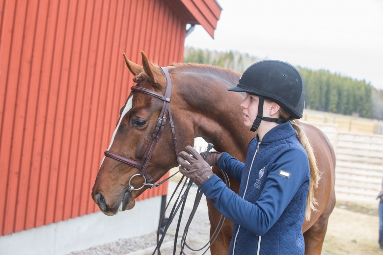 180408 Lövsta Stuteri, Stjärnborg CCstuds Kube Libre visades vid hand av Rebecka Lenegård. Photo: Roland Thunholm Code: 718 35