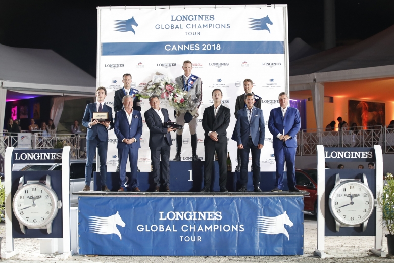 The Podium: 1st Peder Fredricson, 2nd Harrie Smolders And 3rd Simon Delestre. Trophies Are Presented By David Lisnard (mayor Of Cannes), Armand Vigneras (cm Longines France), Frederic Delabrouille (dg Volvo Cannes), Boris Lemery (volvo France), Francois B