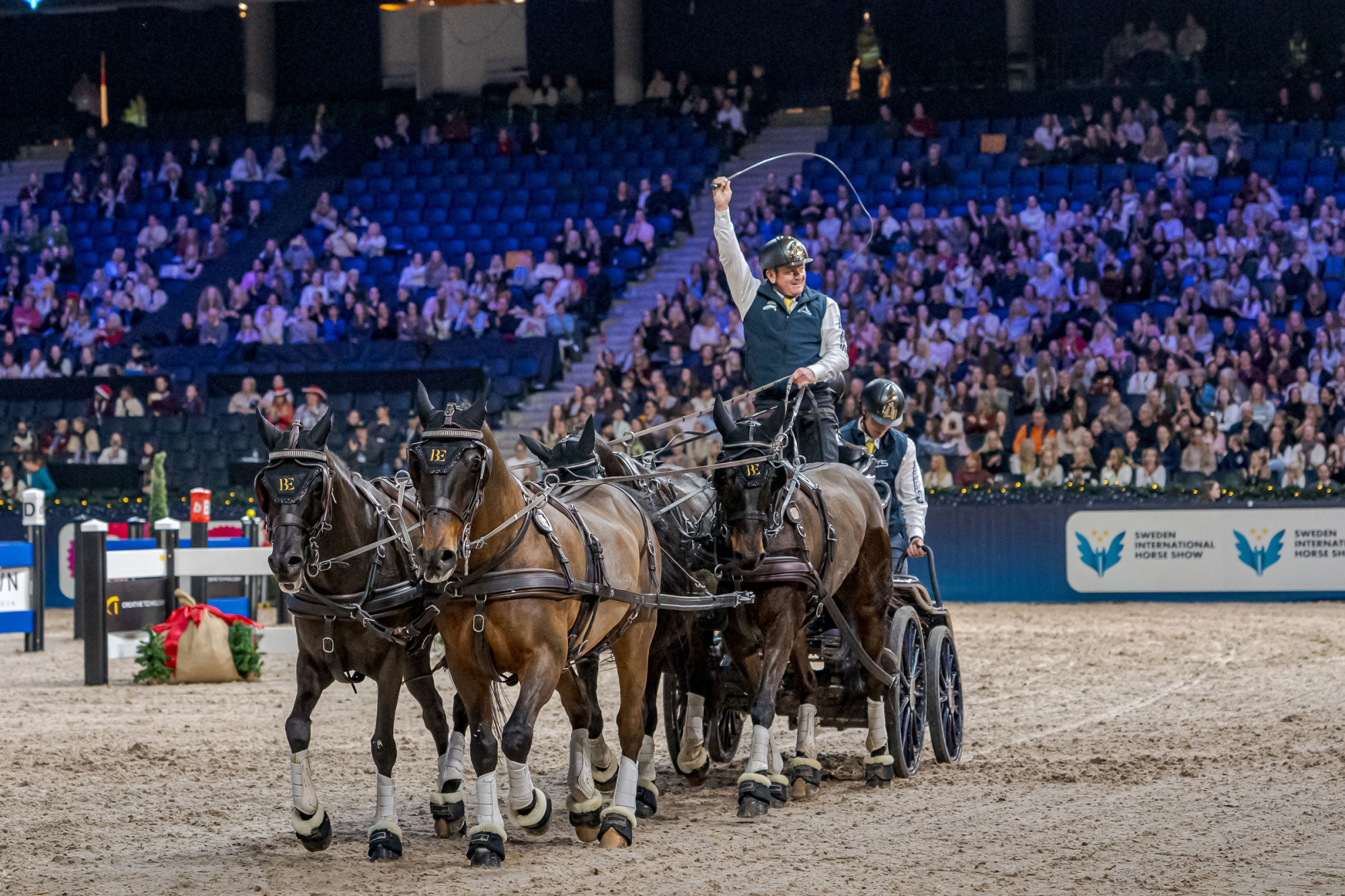 FEI World Cup Driving 2025 - Stockholm (SWE) Driver Boyd Exell (AUS) with horses in Stockholm: Bajnok / Madar / Mad Max 81 / Katydid Duchess / Barny 68 winner at the FEI DRIVING WORLD CUP&trade; 2025/26 Stockholm (SWE), Strawberry Arena